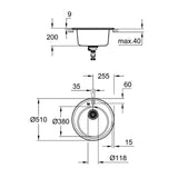 Technical drawing with dimensions for the Grohe K200 Inset Mount Single Bowl, Quartz Composite Kitchen Sink For 500mm Cabinet in Stainless Steel Black - dimension