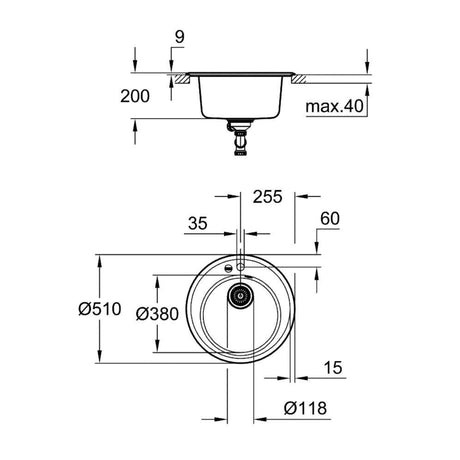 Technical drawing with dimensions for the Grohe K200 Inset Mount Single Bowl, Quartz Composite Kitchen Sink For 500mm Cabinet in Stainless Steel Black - dimension