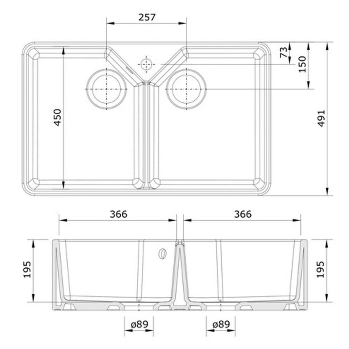 Technical Drawing with Dimensions for Rangemaster Farmhouse Belfast Mount Double Bowl Kitchen Sink For 800mm Cabinet in Granite White