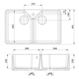 Technical Drawing with Dimensions for Rangemaster Farmhouse Belfast Mount Double Bowl Kitchen Sink For 800mm Cabinet in Granite White