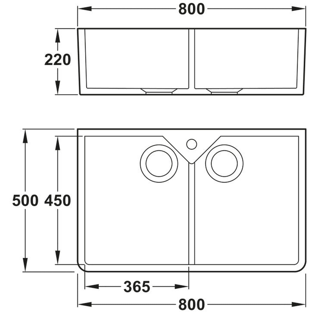Technical Drawing with Dimensions for Rangemaster Belfast Mount Double Bowl Kitchen Sink for 800mm Cabinet in Ceramic