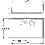 Technical Drawing with Dimensions for Rangemaster Belfast Mount Double Bowl Kitchen Sink for 800mm Cabinet in Ceramic