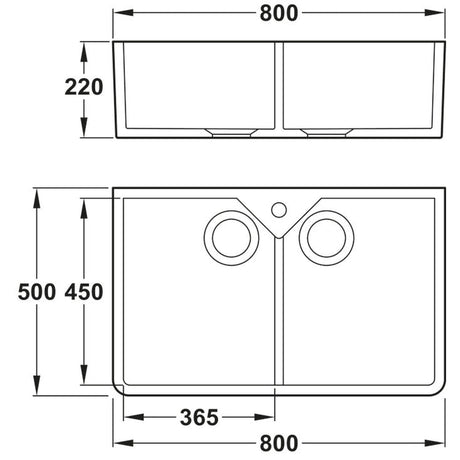 Technical Drawing with Dimensions for Rangemaster Belfast Mount Double Bowl Kitchen Sink for 800mm Cabinet in Ceramic