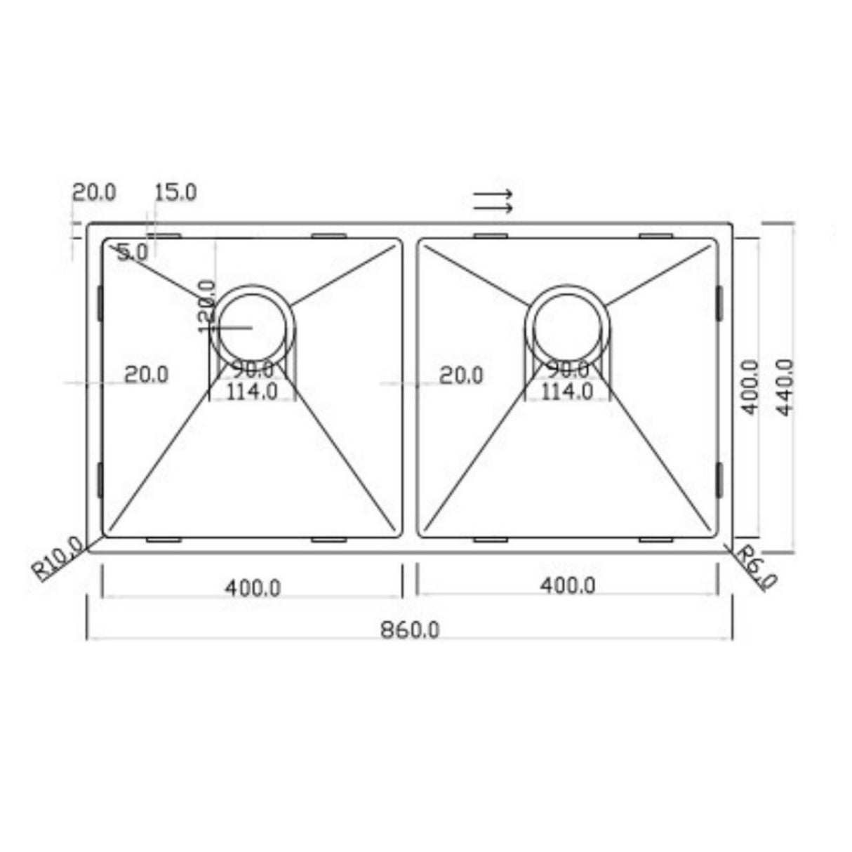 Technical Drawing with Dimensions for Rangemaster Kube Undermount Inset Mount Double Bowl Kitchen Sink For 900mm Cabinet in Stainless Steel