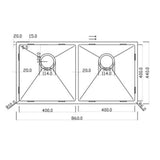 Technical Drawing with Dimensions for Rangemaster Kube Undermount Inset Mount Double Bowl Kitchen Sink For 900mm Cabinet in Stainless Steel