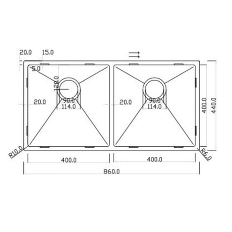 Technical Drawing with Dimensions for Rangemaster Kube Undermount Inset Mount Double Bowl Kitchen Sink For 900mm Cabinet in Stainless Steel
