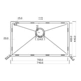 Technical Drawing with Dimensions for Rangemaster Kube Undermount Inset Mount  Single Bowl Kitchen Sink For 800mm Cabinet in  Stainless Steel Brushed
