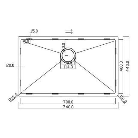 Technical Drawing with Dimensions for Rangemaster Kube Undermount Inset Mount  Single Bowl Kitchen Sink For 800mm Cabinet in  Stainless Steel Brushed