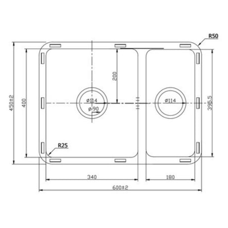 Technical Drawing with Dimensions for Rangemaster Quad Undermount Inset Mount One and Half Bowl Kitchen Sink For 800mm Cabinet in Stainless Steel