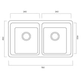 Technical Drawing with Dimensions for Rangemaster Quad Undermount Inset Mount Double Bowl Kitchen Sink For 800mm Cabinet in Stainless Steel
