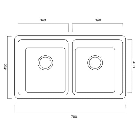 Technical Drawing with Dimensions for Rangemaster Quad Undermount Inset Mount Double Bowl Kitchen Sink For 800mm Cabinet in Stainless Steel
