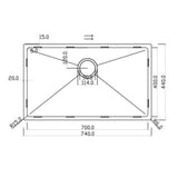 Technical Drawing with Dimensions for Rangemaster Cubix Undermount Inset Mount Single Bowl Kitchen Sink For 800mm Cabinet in Stainless Steel