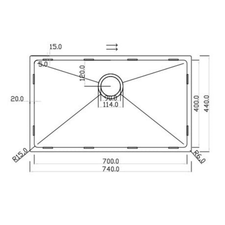 Technical Drawing with Dimensions for Rangemaster Cubix Undermount Inset Mount Single Bowl Kitchen Sink For 800mm Cabinet in Stainless Steel