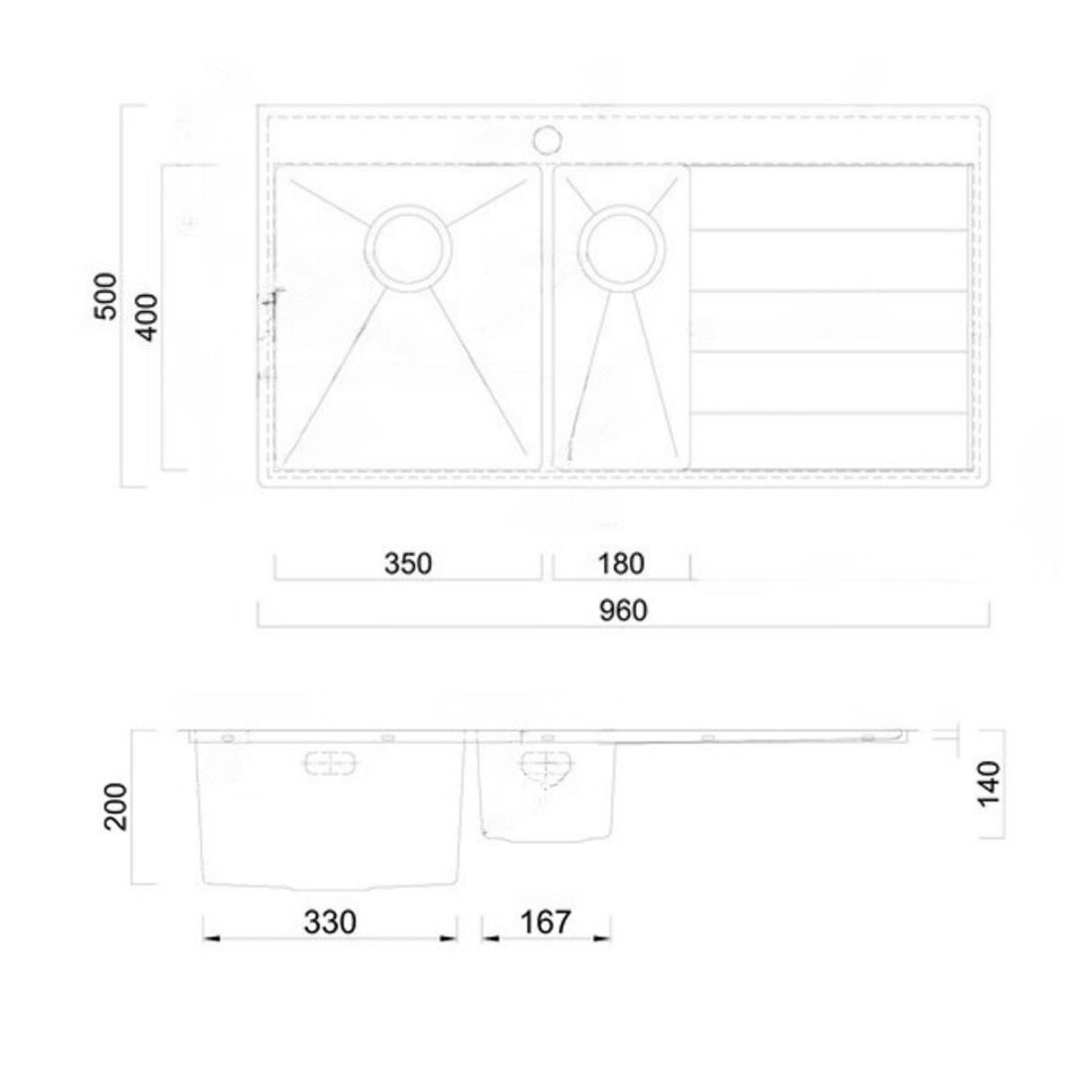 Technical Drawing with Dimensions for Rangemaster Cosmo Inset Mount One and Half Kitchen Sink For 600mm Cabinet in Stainless Steel Soft Brushed
