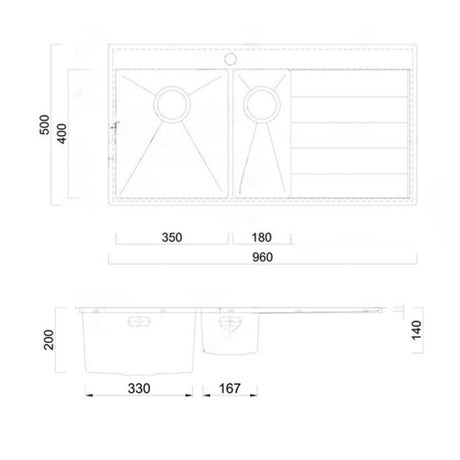 Technical Drawing with Dimensions for Rangemaster Cosmo Inset Mount One and Half Kitchen Sink For 600mm Cabinet in Stainless Steel Soft Brushed