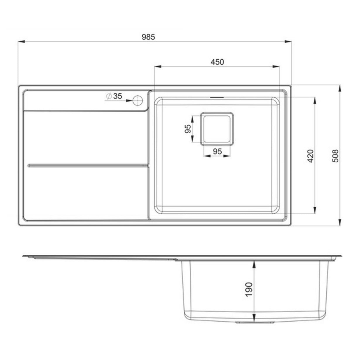 Technical Drawing with Dimensions for Rangemaster Arlington Inset Mount Single Bowl Kitchen Sink For 600mm Cabinet Left Drainer
