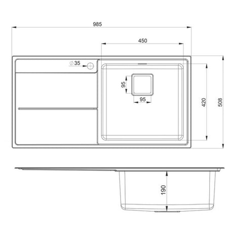 Technical Drawing with Dimensions for Rangemaster Arlington Inset Mount Single Bowl Kitchen Sink For 600mm Cabinet Left Drainer