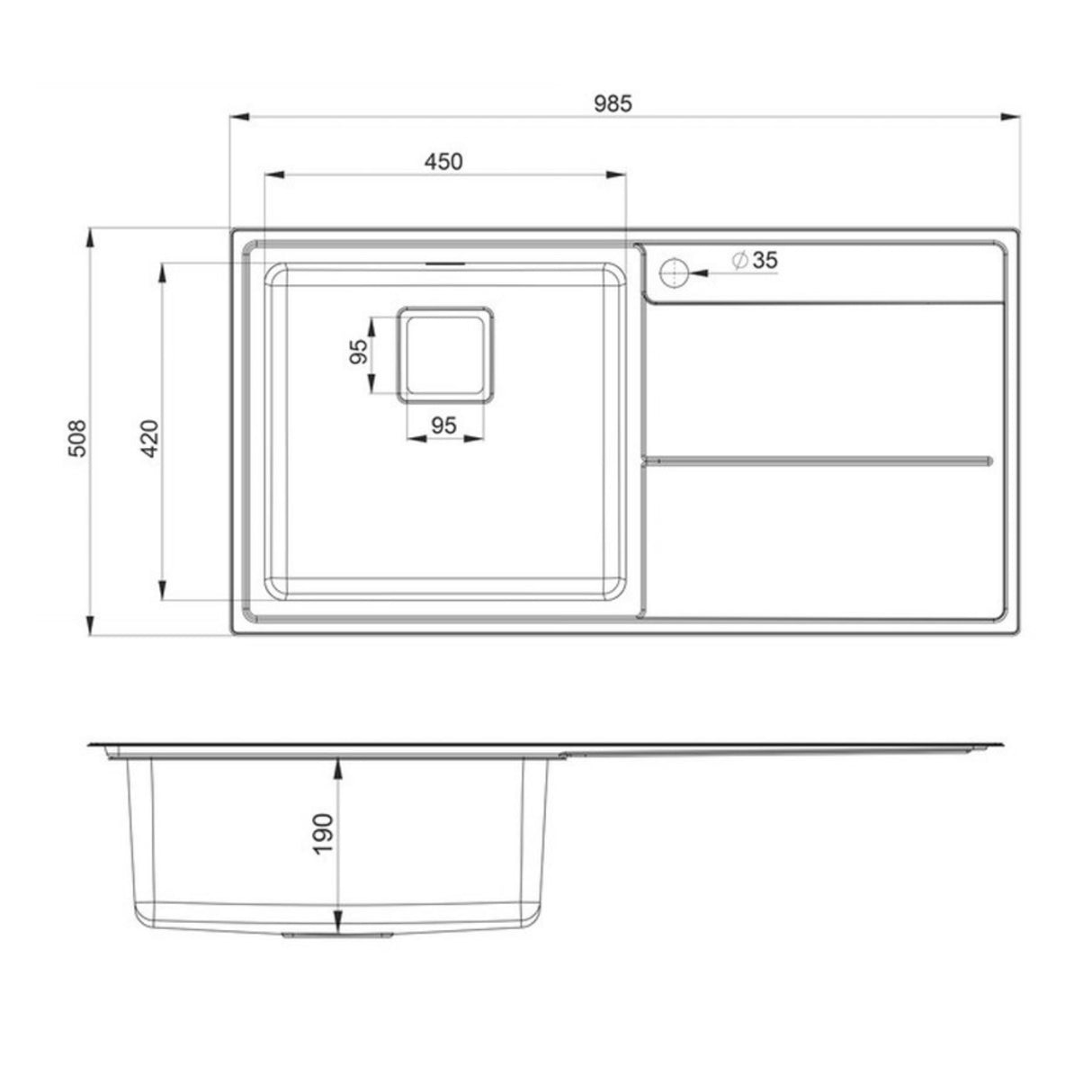 Technical Drawing with Dimensions for Rangemaster Arlington Inset Mount Single Bowl Kitchen Sink For 600mm Cabinet Right Drainer
