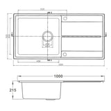Technical Drawing with Dimensions for Rangemaster Arlington Inset Mount Single Kitchen Sink For 600mm Cabinet in Stainless Steel Soft Brushed