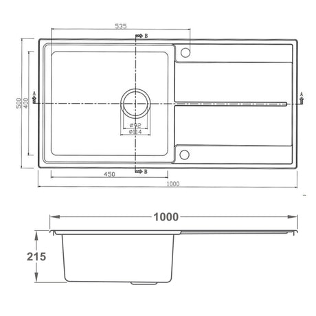 Technical Drawing with Dimensions for Rangemaster Arlington Inset Mount Single Kitchen Sink For 600mm Cabinet in Stainless Steel Soft Brushed
