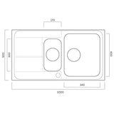 Technical Drawing with Dimensions for Rangemaster Arlington Inset Mount One and Half Kitchen Sink For 600mm Cabinet in Stainless Steel 
Brushed