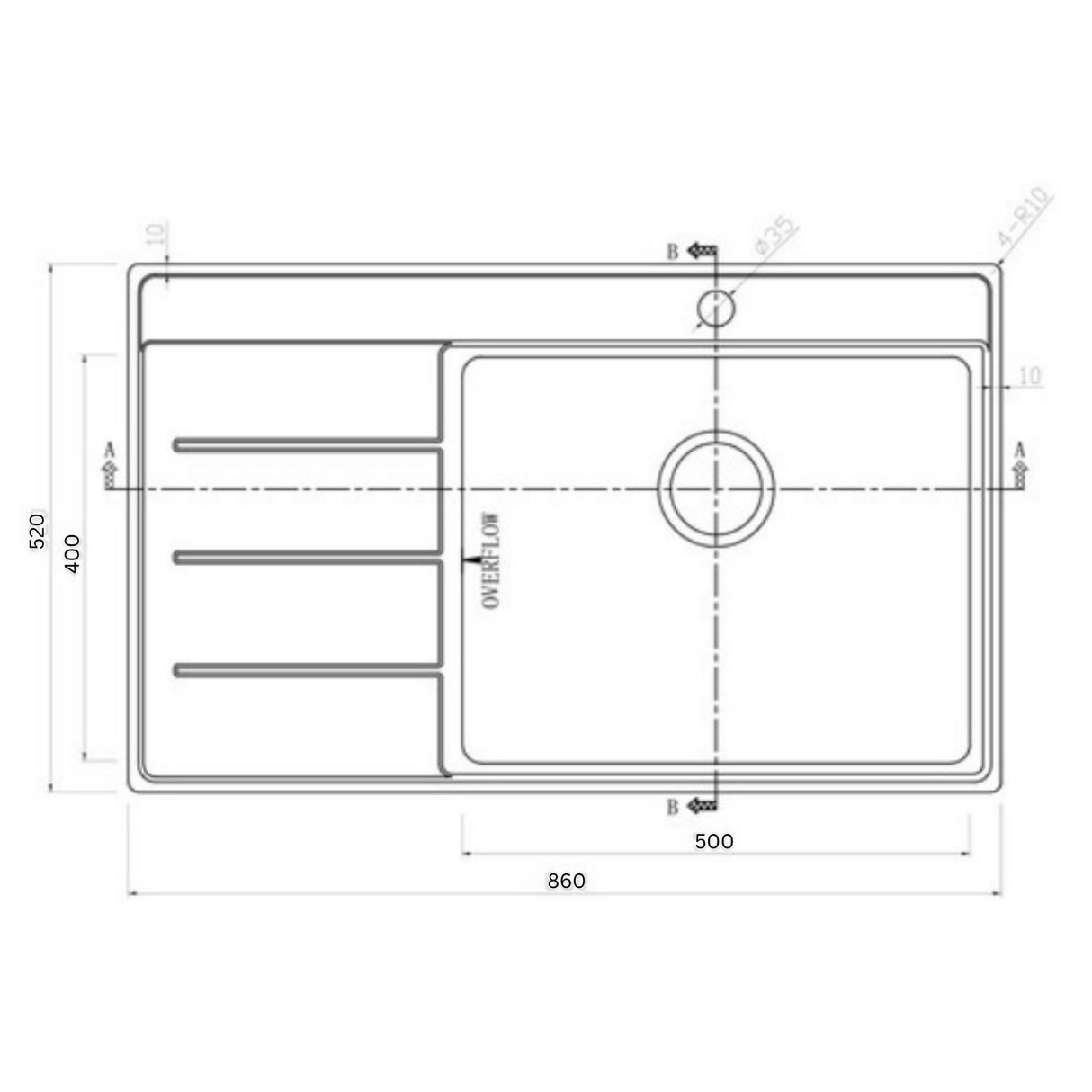 Technical Drawing with Dimensions for Rangemaster Boston Inset Mount Single Bowl Kitchen Sink For 600mm Cabinet in Stainless Steel