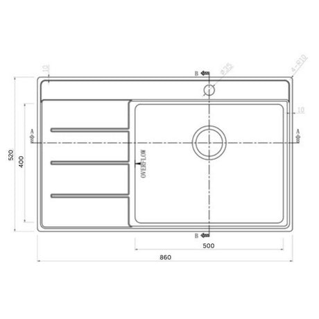 Technical Drawing with Dimensions for Rangemaster Boston Inset Mount Single Bowl Kitchen Sink For 600mm Cabinet in Stainless Steel
