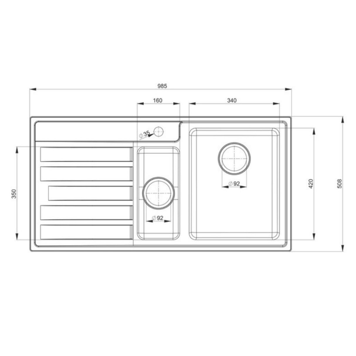 Technical Drawing with Dimensions for Rangemaster Rockford Inset Mount Drainer One and Half Bowl Kitchen Sink For 600mm Cabinet in Stainless Steel