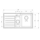 Technical Drawing with Dimensions for Rangemaster Rockford Inset Mount Drainer One and Half Bowl Kitchen Sink For 600mm Cabinet in Stainless Steel