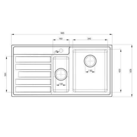 Technical Drawing with Dimensions for Rangemaster Rockford Inset Mount Drainer One and Half Bowl Kitchen Sink For 600mm Cabinet in Stainless Steel