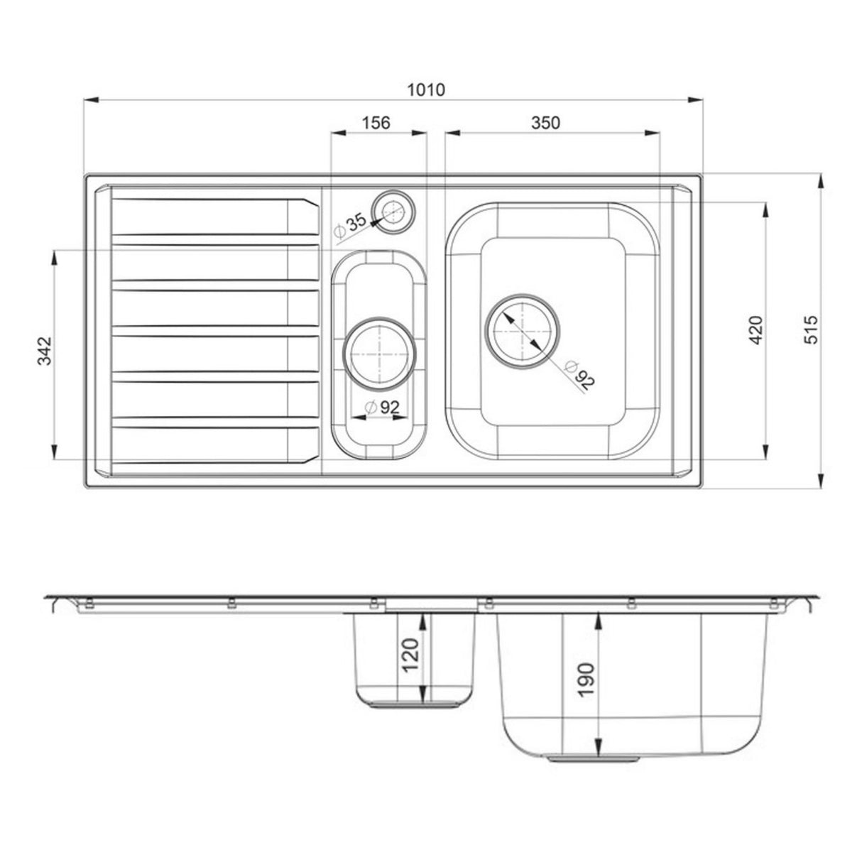 Technical Drawing with Dimensions for Rangemaster Manhattan Inset Mount One and Half Bowl Kitchen Sink For 600mm Cabinet in Stainless Steel (Left)