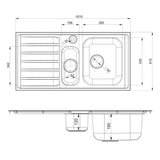 Technical Drawing with Dimensions for Rangemaster Manhattan Inset Mount One and Half Bowl Kitchen Sink For 600mm Cabinet in Stainless Steel (Left)