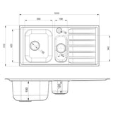 Technical Drawing with Dimensions for Rangemaster Manhattan Inset Mount One and Half Bowl Kitchen Sink For 600mm Cabinet in Stainless Steel (Right)