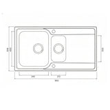 Technical Drawing with Dimensions for Rangemaster Iconica Inset Mount One and Half Bowl Kitchen Sink For 600mm Cabinet in Stainless Steel