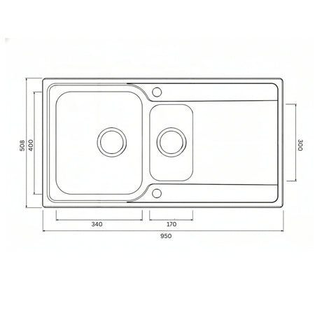 Technical Drawing with Dimensions for Rangemaster Iconica Inset Mount One and Half Bowl Kitchen Sink For 600mm Cabinet in Stainless Steel