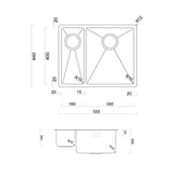 Technical Drawing with Dimensions for Rangemaster Spectra Undermount Left hand - Inset Mount One and Half Bowl Kitchen Sink For 600mm Cabinet in Stainless Steel