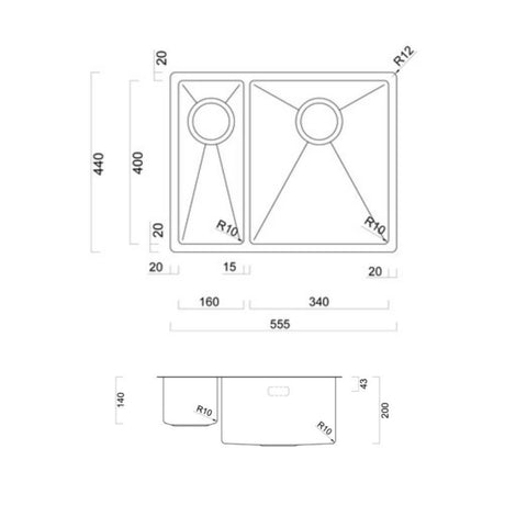 Technical Drawing with Dimensions for Rangemaster Spectra Undermount Left hand - Inset Mount One and Half Bowl Kitchen Sink For 600mm Cabinet in Stainless Steel