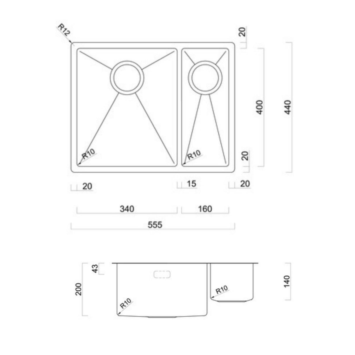 Technical Drawing with Dimensions for Rangemaster Spectra Undermount Right hand - Inset Mount One and Half Bowl Kitchen Sink For 600mm Cabinet in Stainless Steel