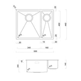 Technical Drawing with Dimensions for Rangemaster Spectra Undermount Right hand - Inset Mount One and Half Bowl Kitchen Sink For 600mm Cabinet in Stainless Steel