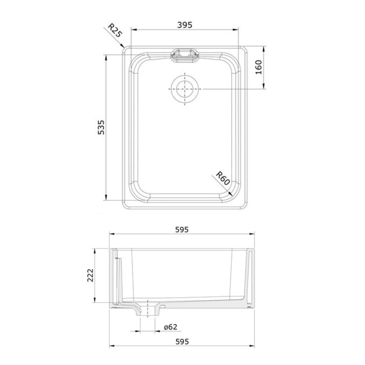 Technical Drawing with Dimensions for Rangemaster Farmhouse Undermount Single Bowl Kitchen Sink For 600mm Cabinet in Ceramic White