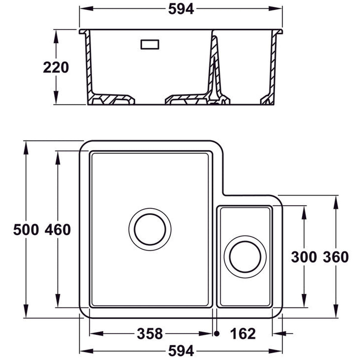 Technical Drawing with Dimensions for Bidbury & Co. Ryeford Undermount Inset Mount One and Half Bowl Kitchen Sink For 600mm Cabinet in Ceramic White