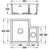 Technical Drawing with Dimensions for Bidbury & Co. Ryeford Undermount Inset Mount One and Half Bowl Kitchen Sink For 600mm Cabinet in Ceramic White