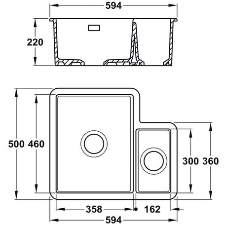Technical Drawing with Dimensions for Bidbury & Co. Ryeford Undermount Inset Mount One and Half Bowl Kitchen Sink For 600mm Cabinet in Ceramic White