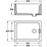 Technical Drawing with Dimensions for Bidbury & Co. Belfast Mount Single Bowl Kitchen Sink For 600mm Cabinet in Ceramic White