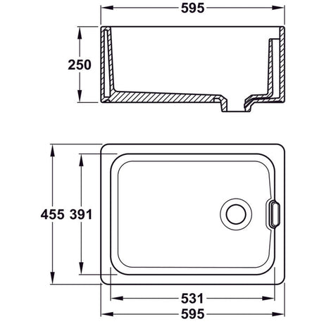 Technical Drawing with Dimensions for Bidbury & Co. Belfast Mount Single Bowl Kitchen Sink For 600mm Cabinet in Ceramic White