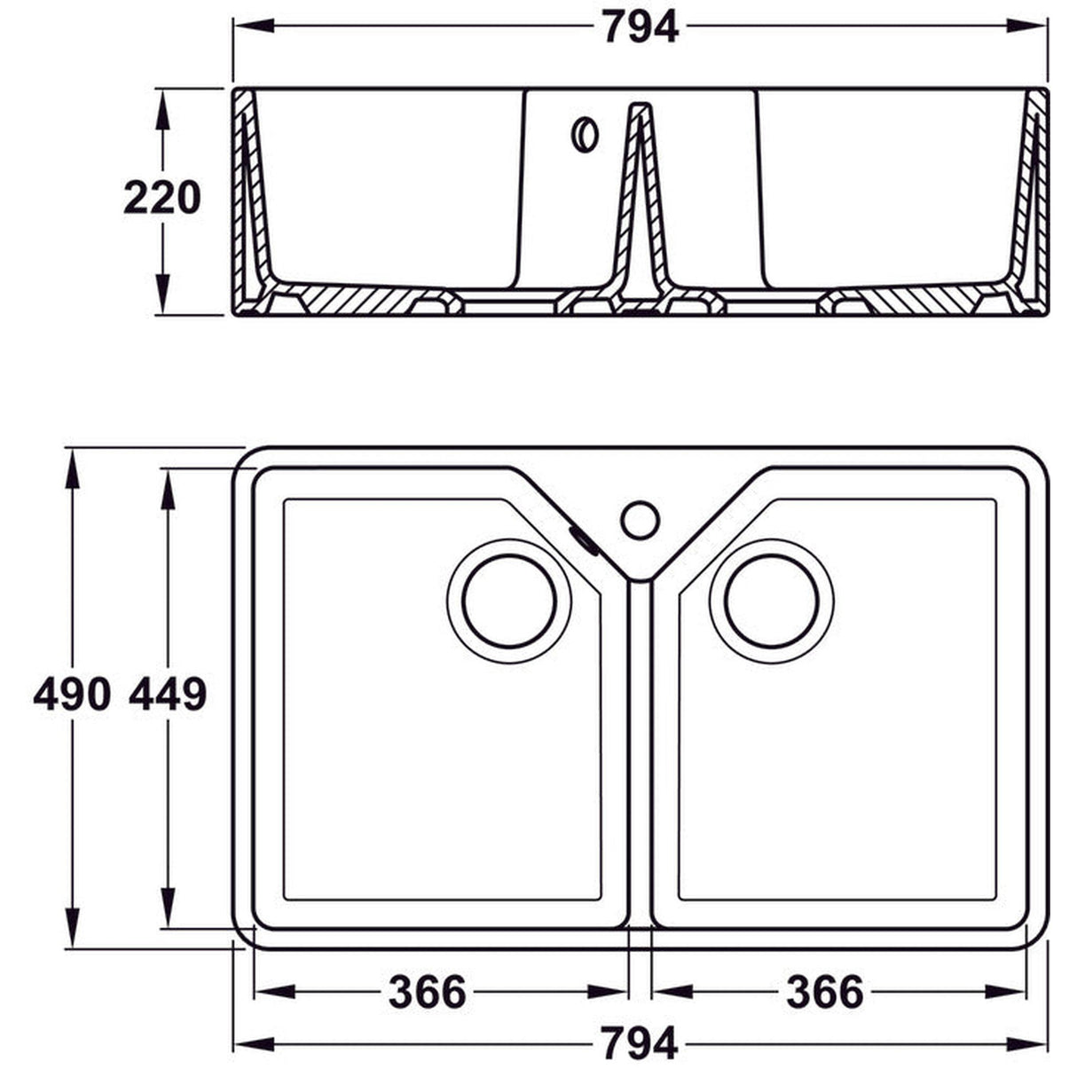 Technical Drawing with Dimensions for Bidbury & Co. Alderley Belfast Mount Double Bowl Kitchen Sink For 800mm Cabinet in Fire Clay Ceramic White