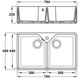 Technical Drawing with Dimensions for Bidbury & Co. Alderley Belfast Mount Double Bowl Kitchen Sink For 800mm Cabinet in Fire Clay Ceramic White