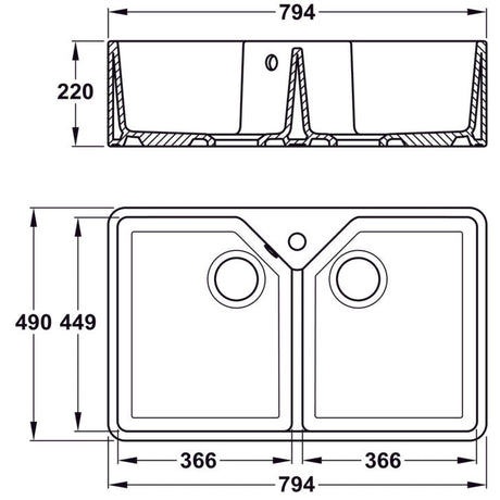 Technical Drawing with Dimensions for Bidbury & Co. Alderley Belfast Mount Double Bowl Kitchen Sink For 800mm Cabinet in Fire Clay Ceramic White