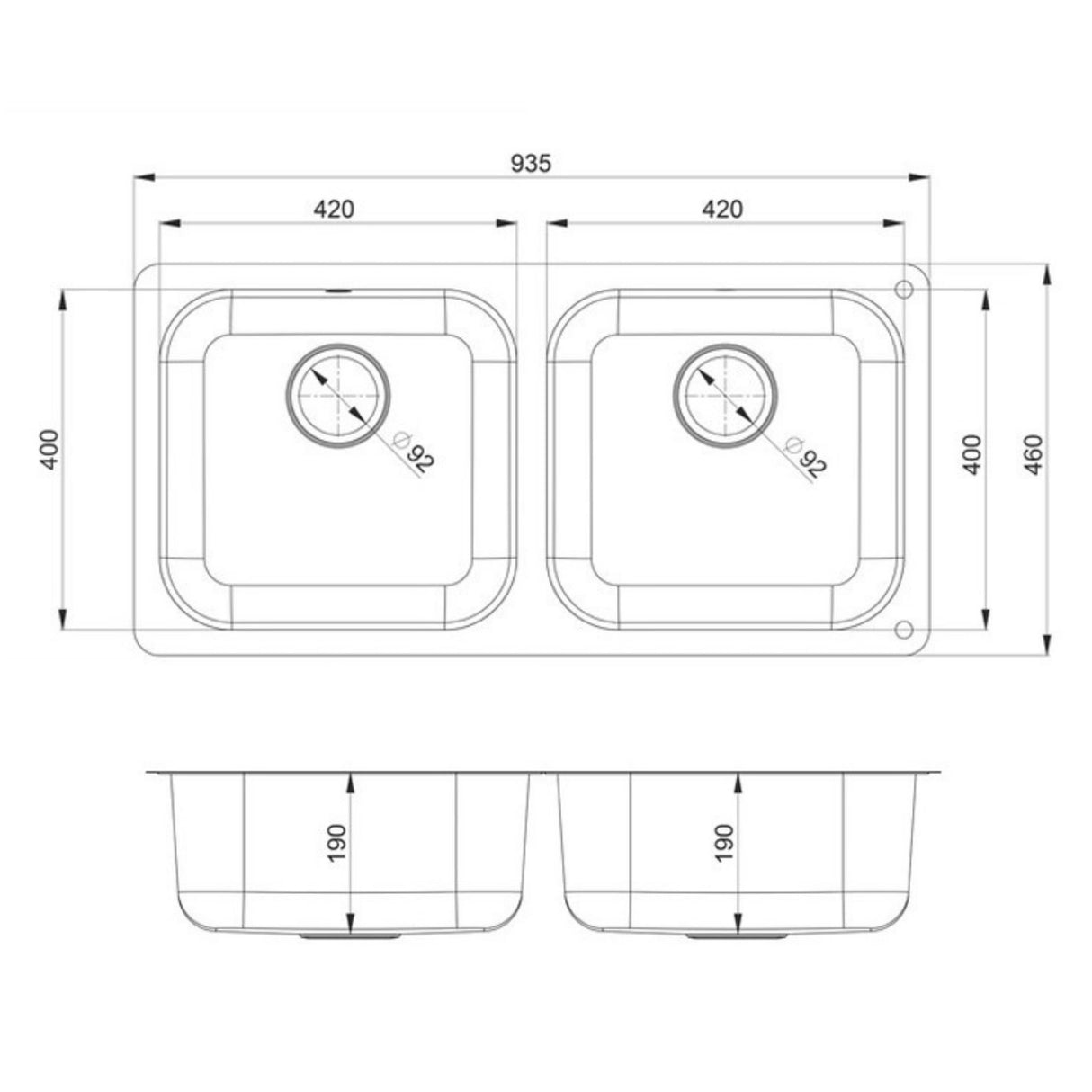Technical Drawing with Dimensions for Rangemaster Alantic Classic Undermount Double Bowl Kitchen Sink For 1000mm Cabinet in Stainless Steel  Brushed