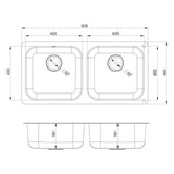 Technical Drawing with Dimensions for Rangemaster Alantic Classic Undermount Double Bowl Kitchen Sink For 1000mm Cabinet in Stainless Steel  Brushed